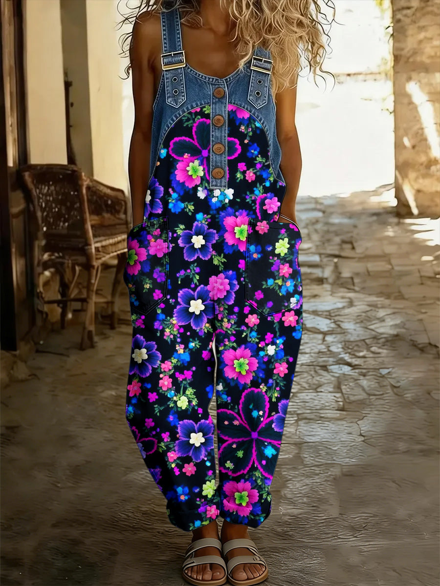Women's Retro Style Print Washed Cotton Denim Patchwork Jumpsuit